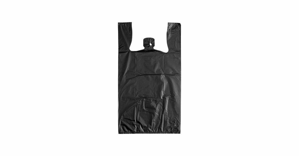 Take-Out Bags |  1/6 Standard Size Black Unprinted Embossed Heavy-Duty Plastic T-Shirt Bag – 350/Case