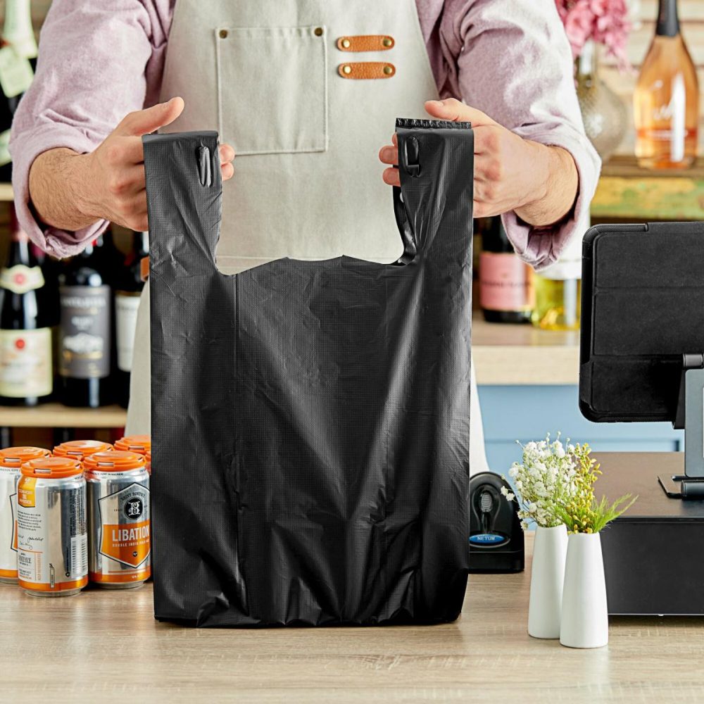 Take-Out Bags |  1/6 Standard Size Black Unprinted Embossed Heavy-Duty Plastic T-Shirt Bag – 350/Case