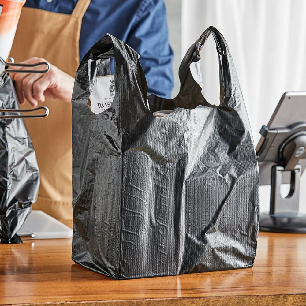 Take-Out Bags |  1/6 Standard Size Black Unprinted Embossed Medium-Duty Plastic T-Shirt Bag – 500/Case