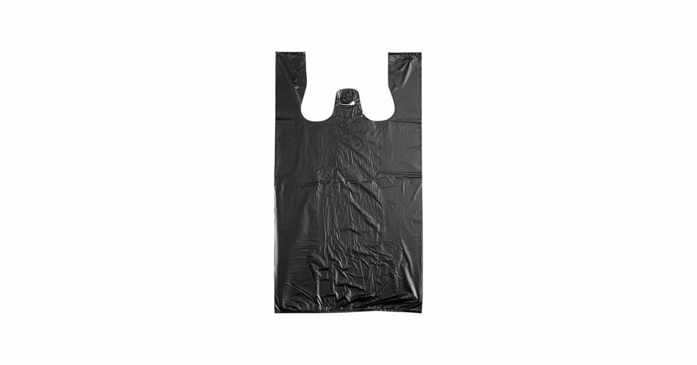 Take-Out Bags |  1/6 Standard Size Black Unprinted Embossed Standard-Duty Plastic T-Shirt Bag – 1000/Case