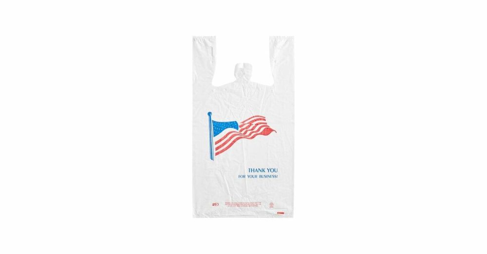 Take-Out Bags |  1/6 Standard Size White "American Flag" Heavy-Duty Plastic T-Shirt Bag – 500/Case