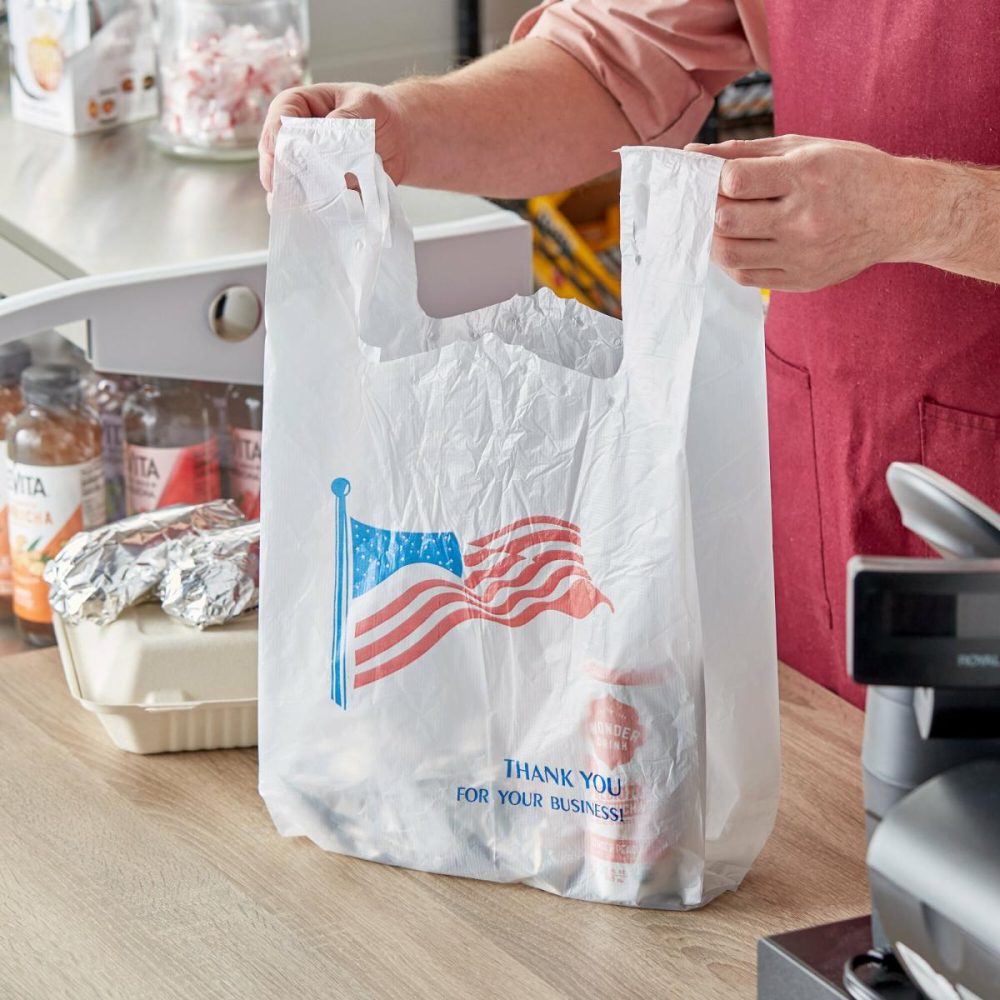 Take-Out Bags |  1/6 Standard Size White "American Flag" Heavy-Duty Plastic T-Shirt Bag – 500/Case