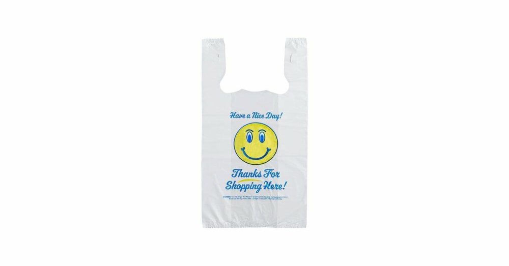 Take-Out Bags |  1/6 Standard Size White "Happy Face" Heavy-Duty Plastic T-Shirt Bag – 500/Case