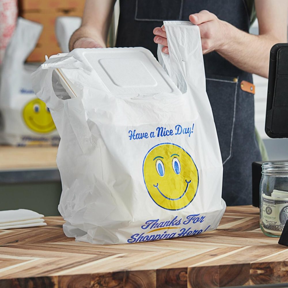 Take-Out Bags |  1/6 Standard Size White "Happy Face" Heavy-Duty Plastic T-Shirt Bag – 500/Case