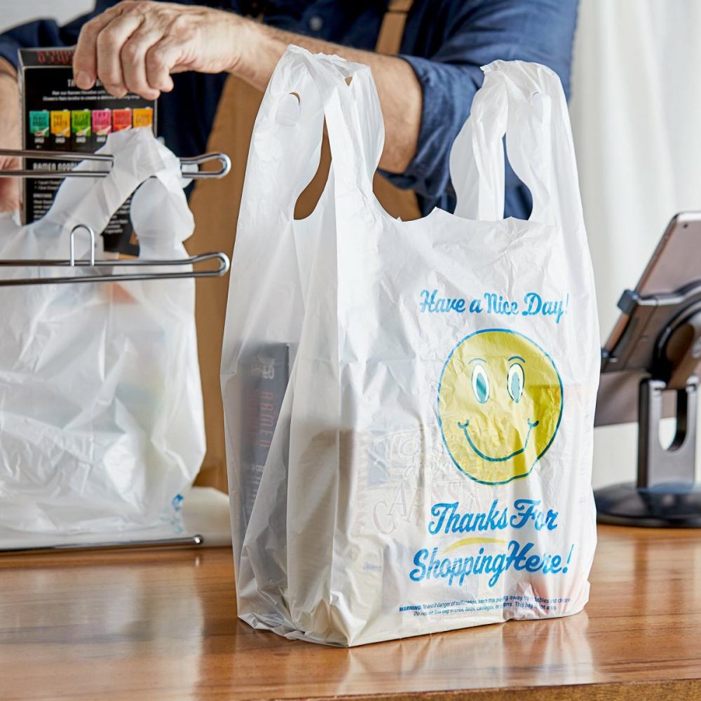 Take-Out Bags |  1/6 Standard Size White "Happy Face" Heavy-Duty Plastic T-Shirt Bag – 500/Case