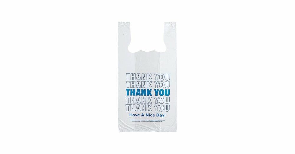 Take-Out Bags |  1/6 Standard Size White "Thank You" Blue Print Standard-Duty Plastic T-Shirt Bag – 1000/Case