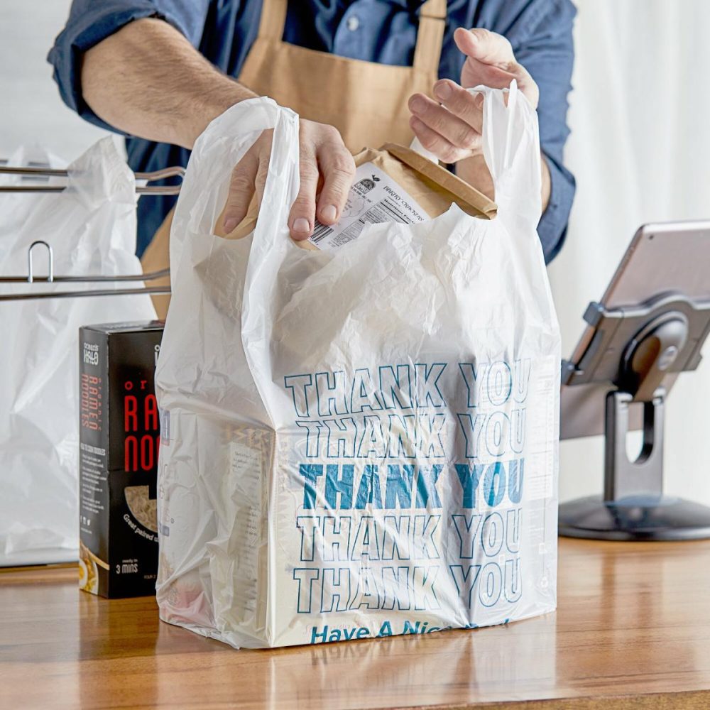 Take-Out Bags |  1/6 Standard Size White "Thank You" Blue Print Standard-Duty Plastic T-Shirt Bag – 1000/Case