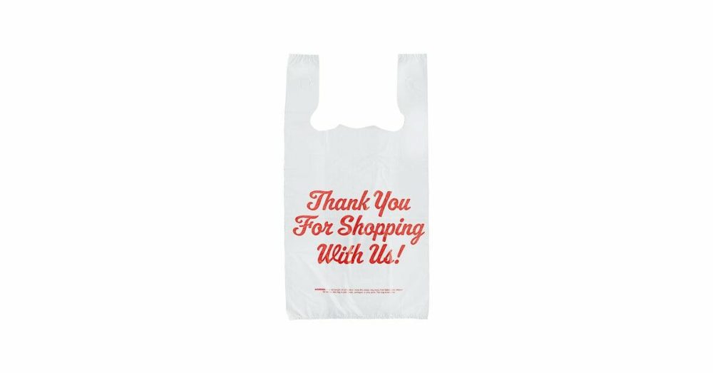 Take-Out Bags |  1/6 Standard Size White "Thank You" Script Heavy-Duty Plastic T-Shirt Bag – 600/Case