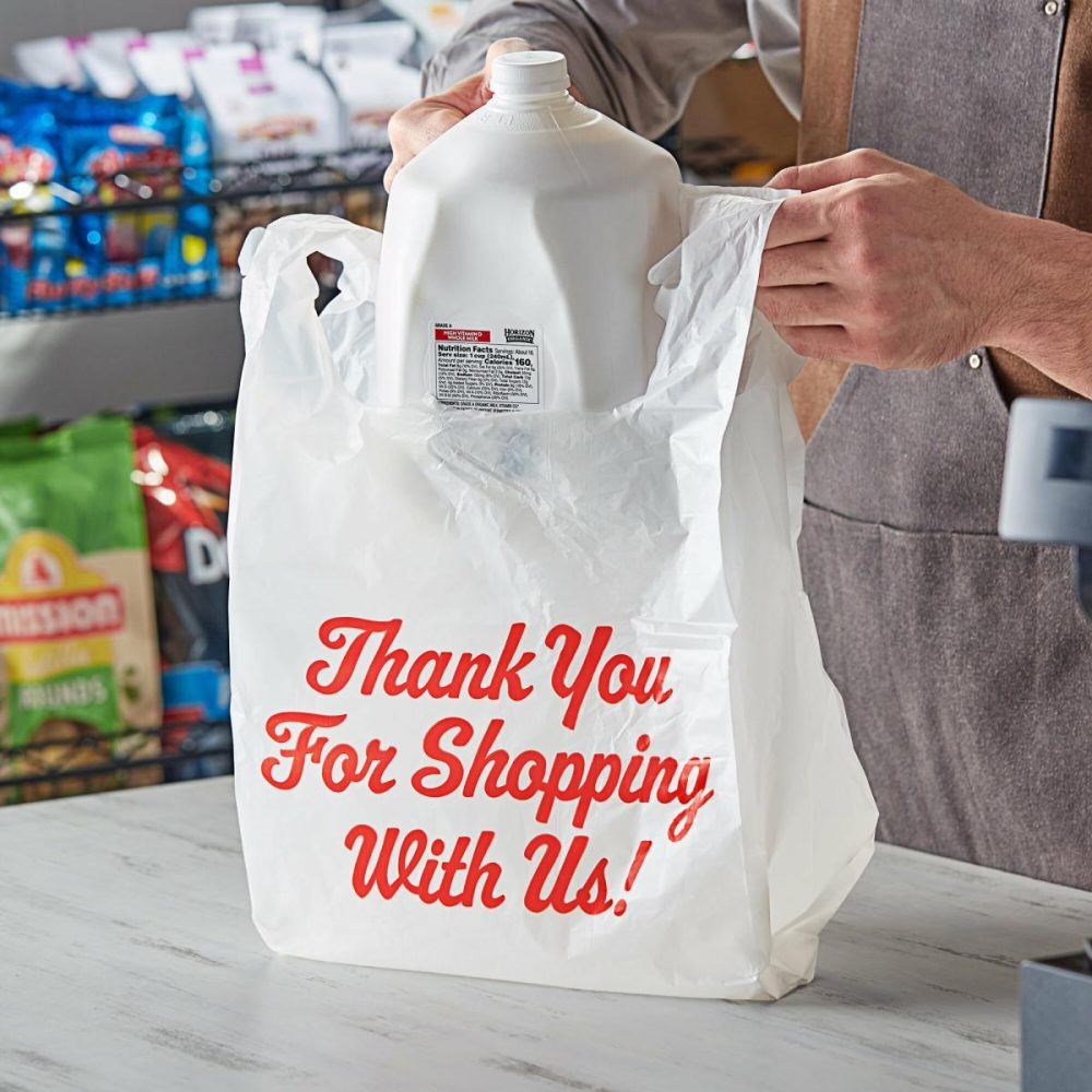 Take-Out Bags |  1/6 Standard Size White "Thank You" Script Heavy-Duty Plastic T-Shirt Bag – 600/Case