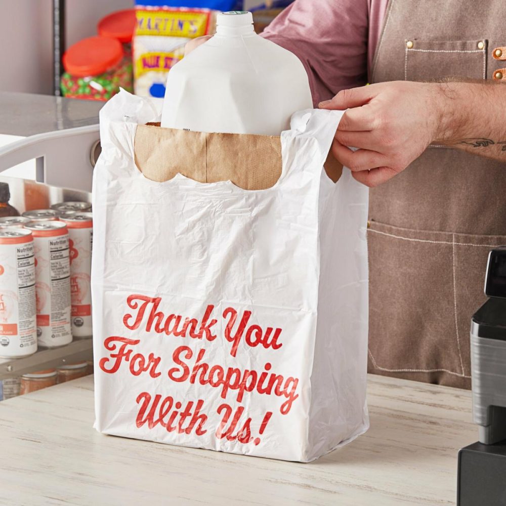 Take-Out Bags |  1/6 Standard Size White "Thank You" Script Heavy-Duty Plastic T-Shirt Bag – 600/Case