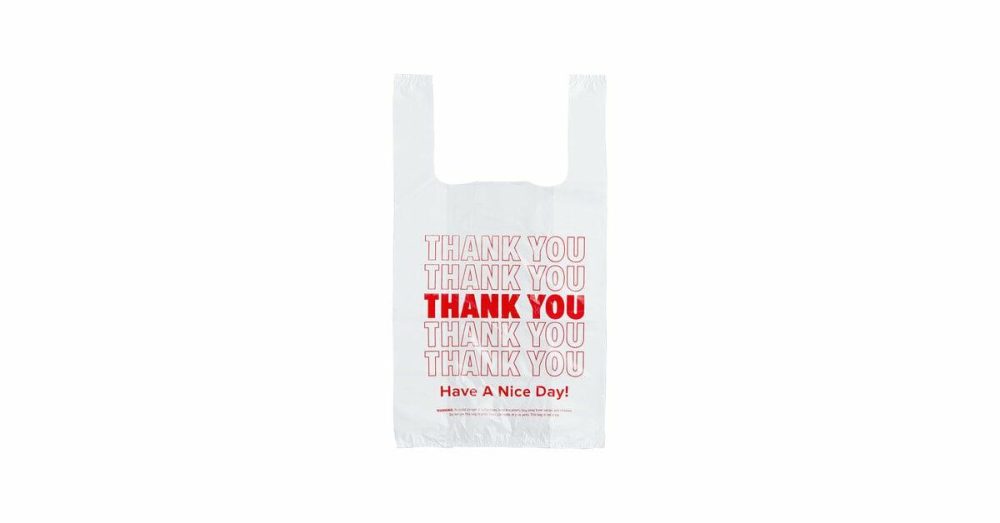 Take-Out Bags |  1/6 Standard Size White "Thank You" Standard-Duty Plastic T-Shirt Bag – 700/Case