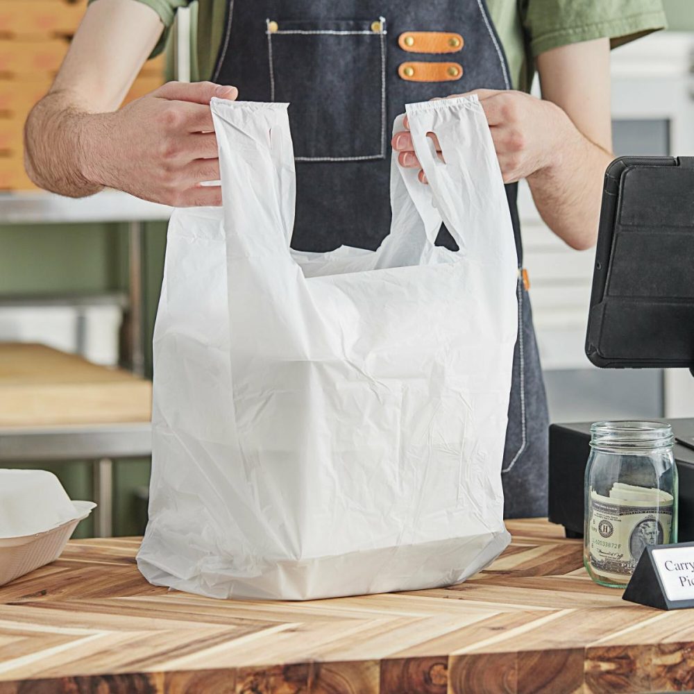 Take-Out Bags |  1/6 Standard Size White Unprinted Medium-Duty Plastic T-Shirt Bag – 1000/Case