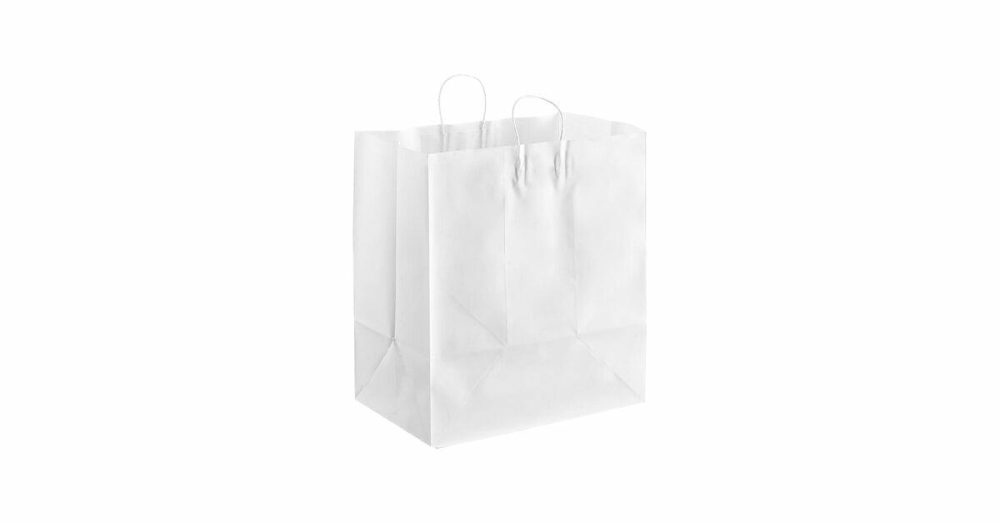 Take-Out Bags |  16" X 11" X 18 1/4" White Paper Customizable Shopping Bag With Handles – 200/Case