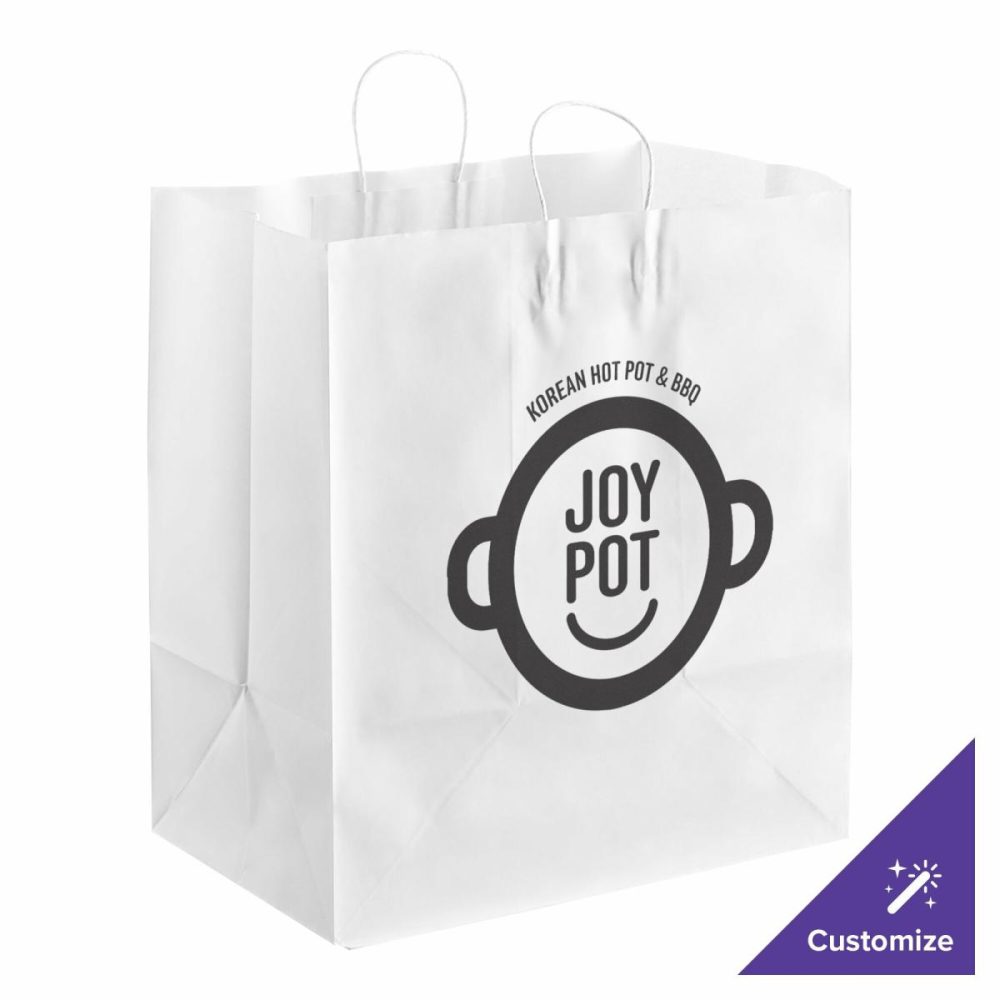 Take-Out Bags |  16" X 11" X 18 1/4" White Paper Customizable Shopping Bag With Handles – 200/Case