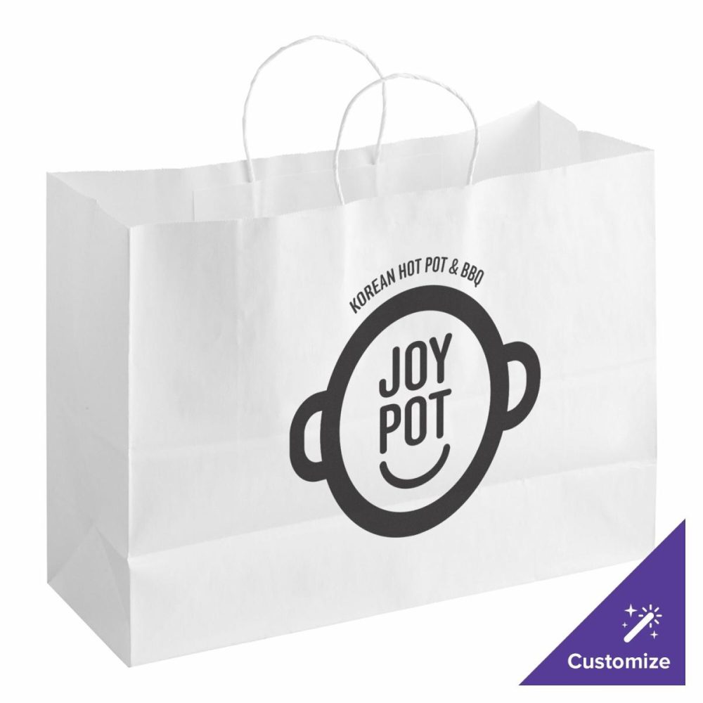 Take-Out Bags |  16" X 6" X 12" White Paper Customizable Shopping Bag With Handles – 250/Case