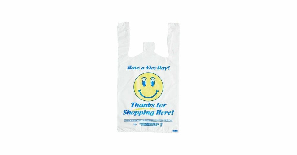 Take-Out Bags |  1/8 Small Size White "Happy Face" Medium-Duty Plastic T-Shirt Bag – 700/Case