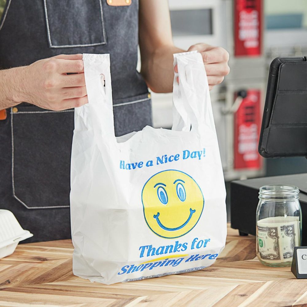 Take-Out Bags |  1/8 Small Size White "Happy Face" Medium-Duty Plastic T-Shirt Bag – 700/Case