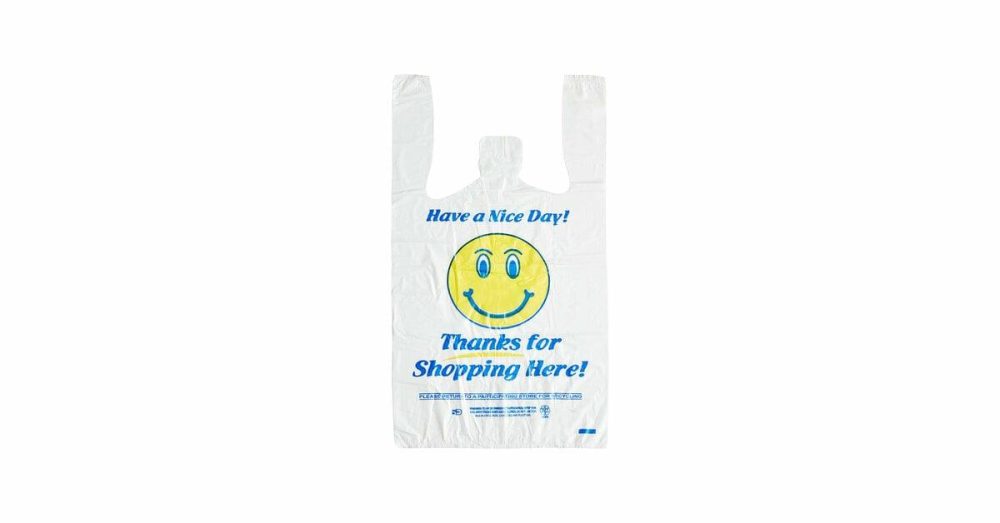 Take-Out Bags |  1/8 Small Size White "Happy Face" Standard-Duty Plastic T-Shirt Bag – 1000/Case