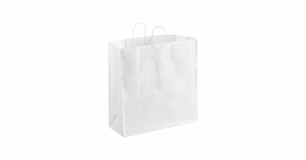 Take-Out Bags |  18" X 7" X 18 3/4" White Paper Customizable Shopping Bag With Handles – 200/Case