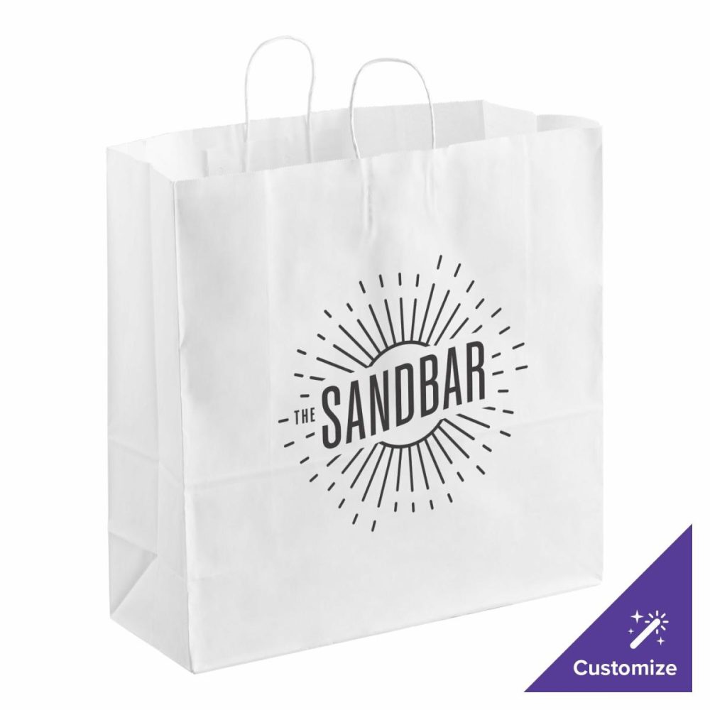 Take-Out Bags |  18" X 7" X 18 3/4" White Paper Customizable Shopping Bag With Handles – 200/Case