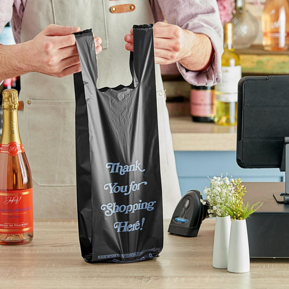 Take-Out Bags |  6" X 4" X 20" .98 Mil Black Thank You Extra Heavy-Duty Liquor Bag – 1000/Case