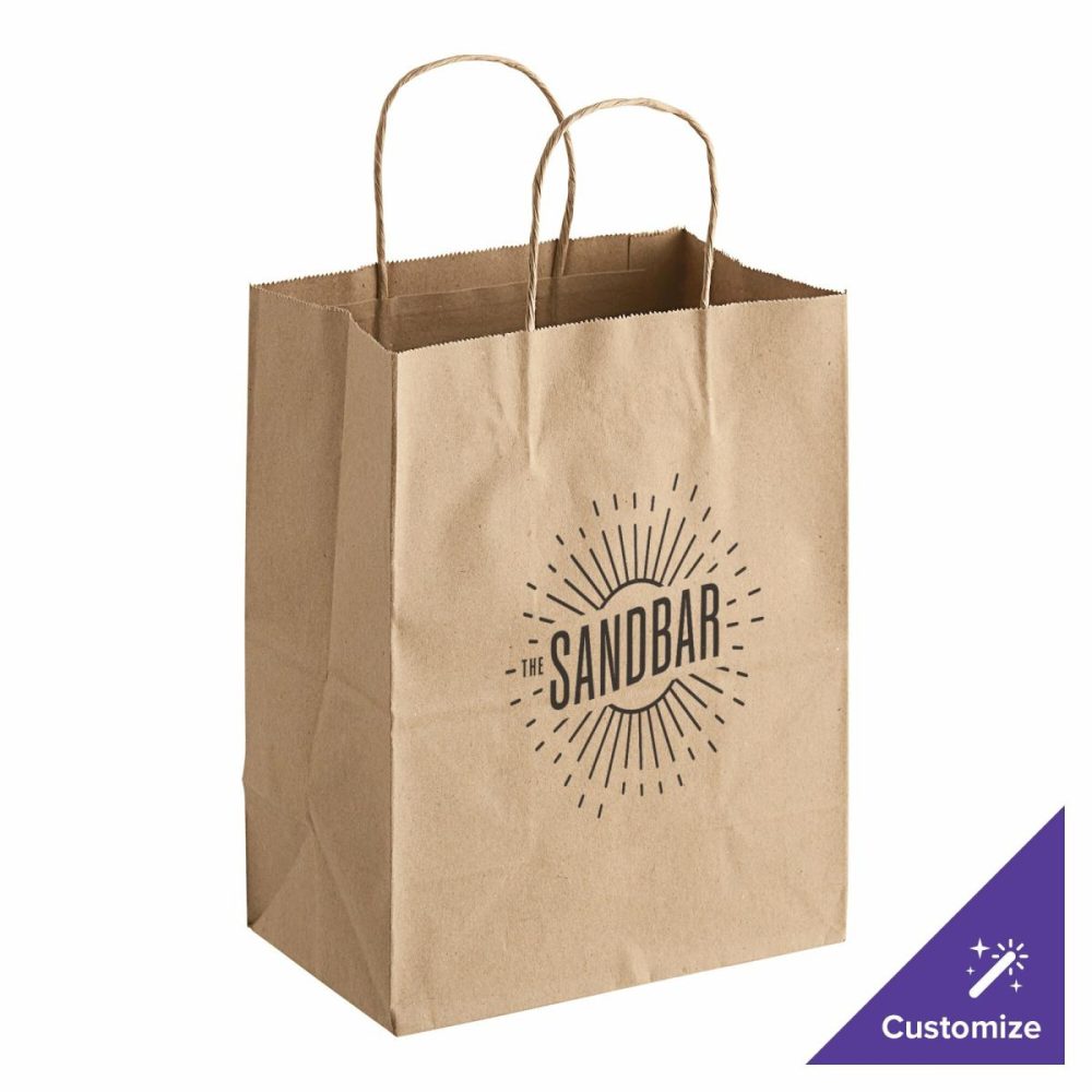 Take-Out Bags |  8" X 4 1/2" X 10 1/4" Natural Kraft Paper Customizable Shopping Bag With Handles – 250/Case