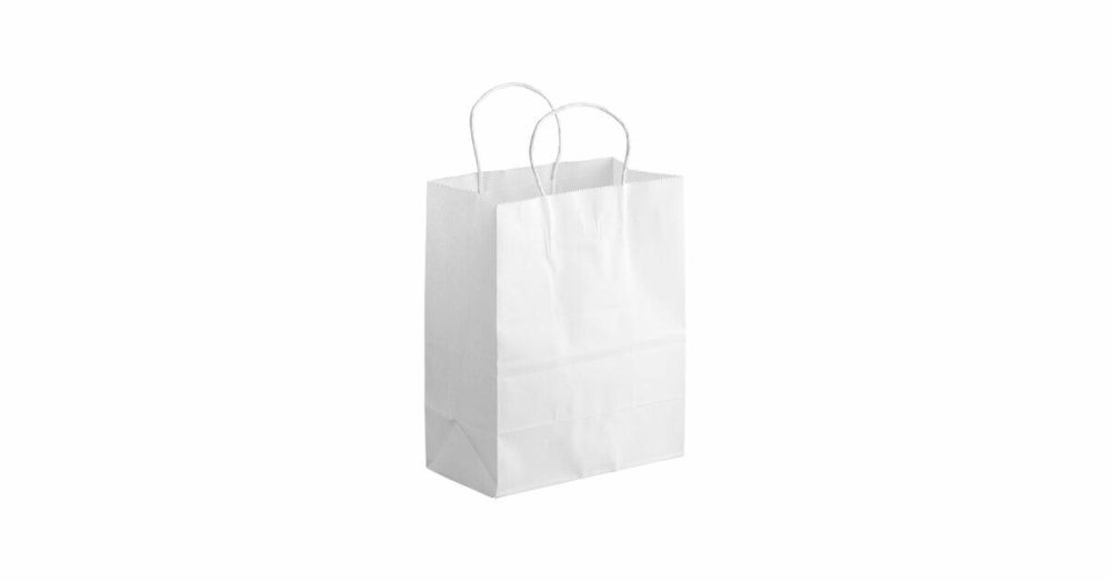 Take-Out Bags |  8" X 4 1/2" X 10 1/4" White Paper Customizable Shopping Bag With Handles – 250/Case