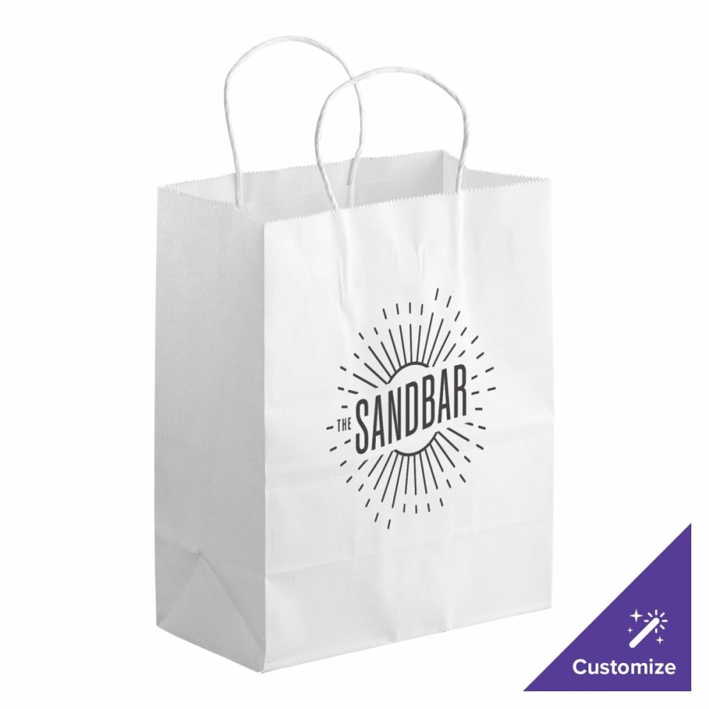 Take-Out Bags |  8" X 4 1/2" X 10 1/4" White Paper Customizable Shopping Bag With Handles – 250/Case