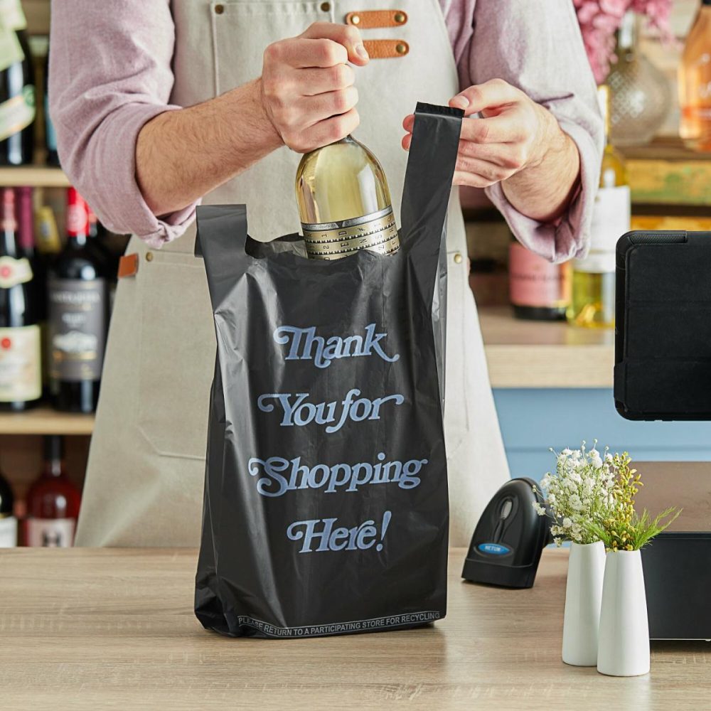 Take-Out Bags |  .98 Mil Black Italic Thank You Extra Heavy-Duty Plastic Liquor Bag – 1000/Case