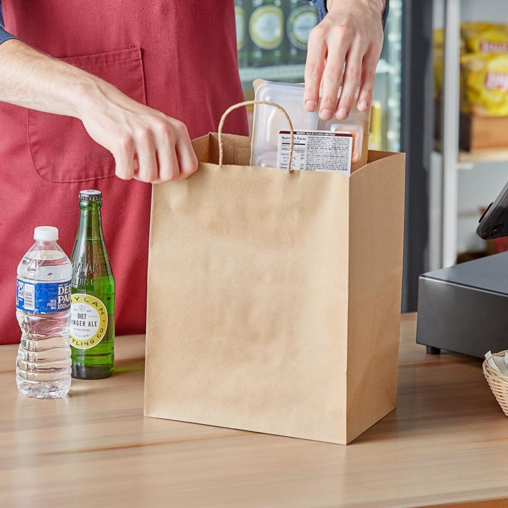 Take-Out Bags |  10" X 6 3/4" X 12" Natural Kraft Paper Customizable Shopping Bag With Handles – 250/Case