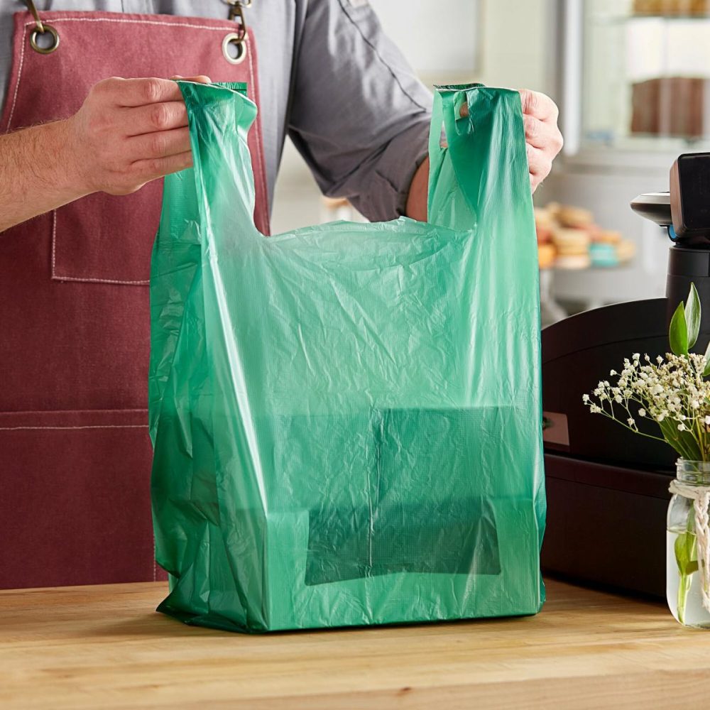 Take-Out Bags |  1/6 Standard Size Green Unprinted Standard-Duty Plastic T-Shirt Bag – 1000/Case