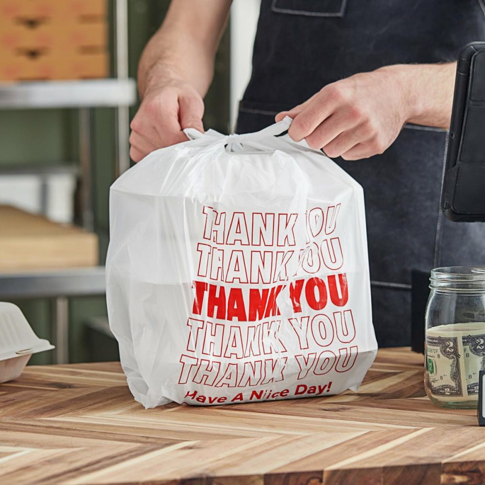 Take-Out Bags |  1/8 Small Size White "Thank You" Standard-Duty Plastic T-Shirt Bag – 1000/Case