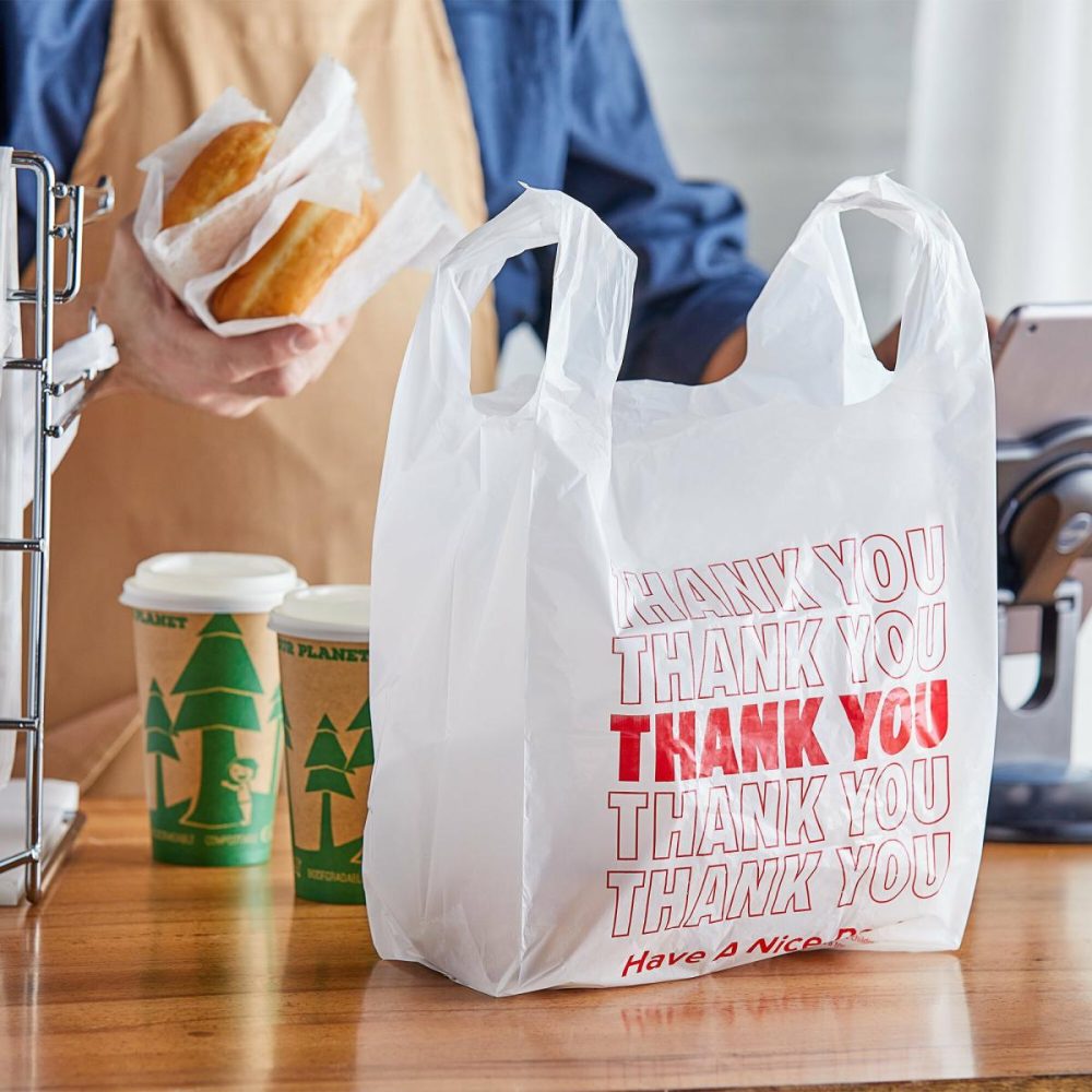 Take-Out Bags |  1/8 Small Size White "Thank You" Standard-Duty Plastic T-Shirt Bag – 1000/Case