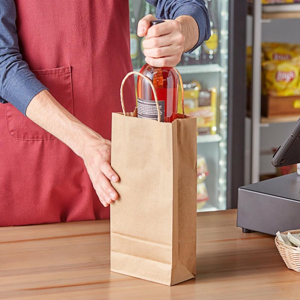 Take-Out Bags |  5 1/2" X 3 1/4" X 13 1/8" Natural Kraft Paper Customizable Shopping Bag With Handles – 250/Case