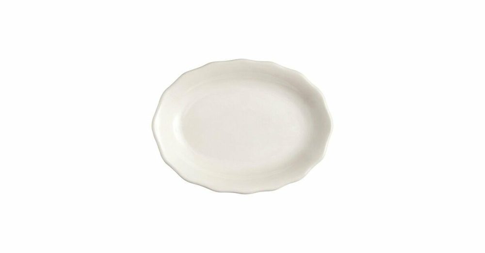 China Platters And Trays |  9 5/8" X 7 1/8" Ivory (American White) Scalloped Edge Oval Stoneware Platter – 24/Case